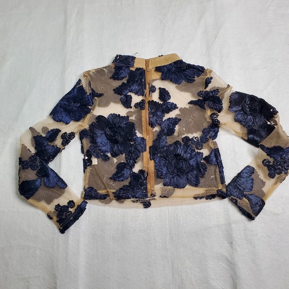 Akira Chicago Women Mesh Top Navy Blue Floral Applique Sheer Long Sleeve M - Picture 5 of 10